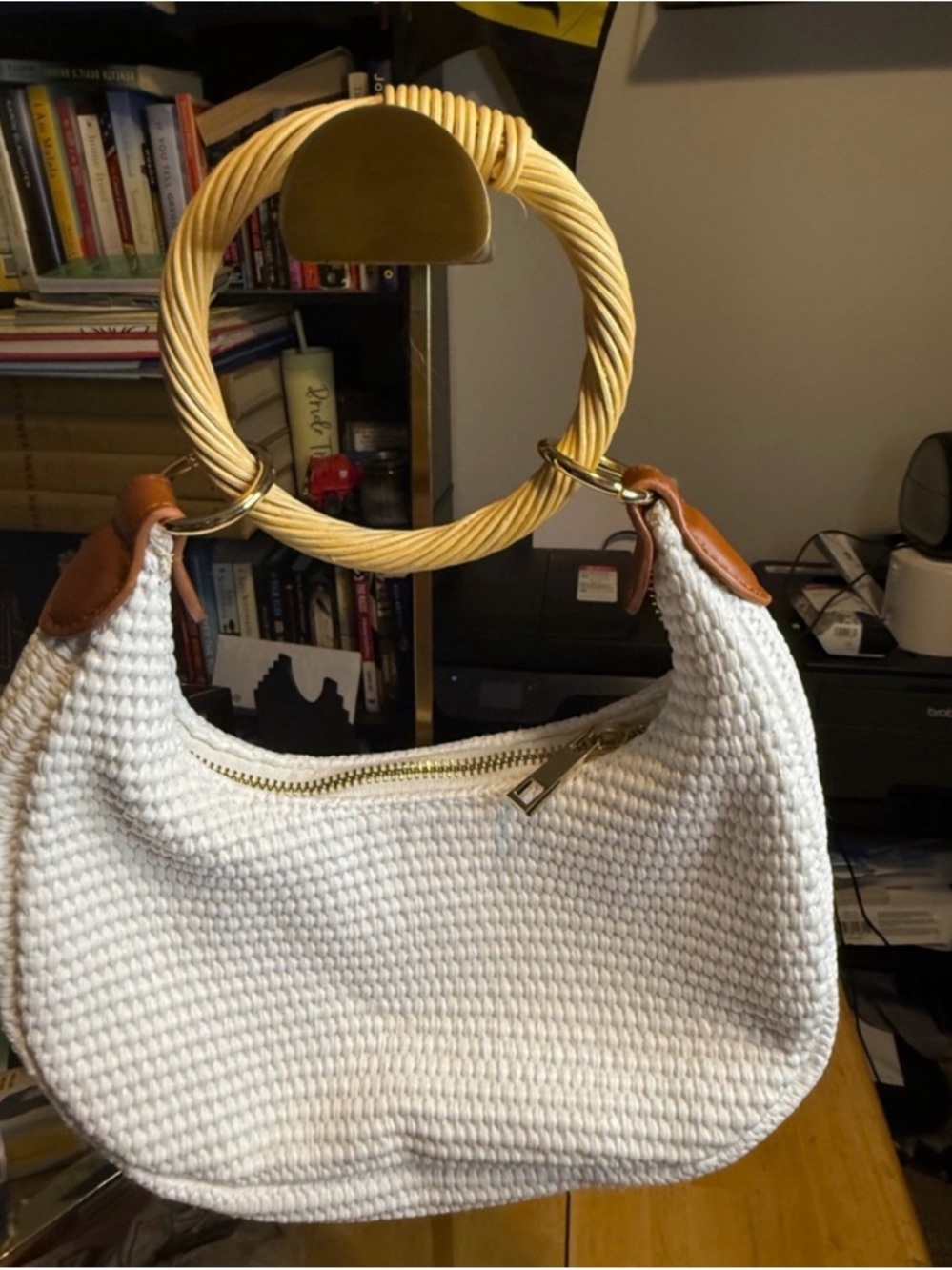 a new day White Woven Hobo Bag with Brown Trim and Gold Hardware